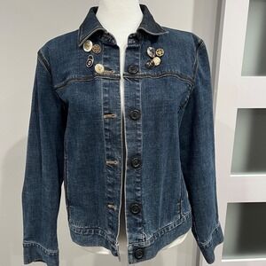 Upcycled Ann Taylor Petites Denim Jacket Embellished Buttons Hand Painted‎ Face